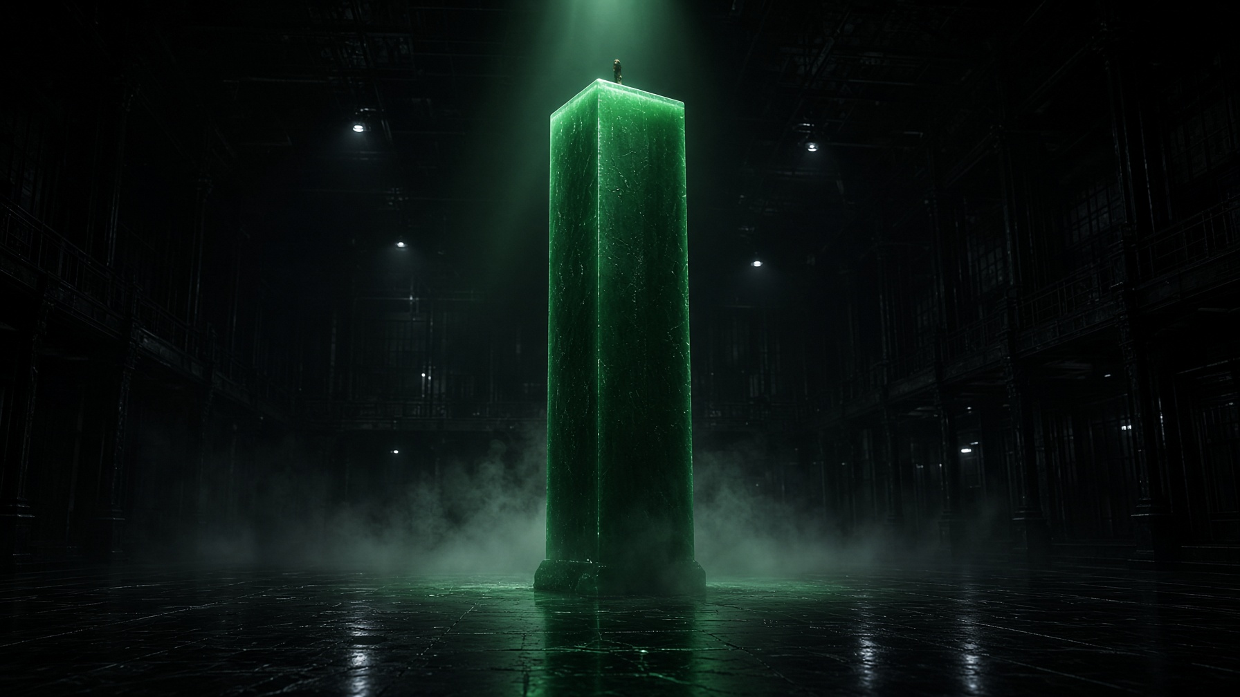 A colossal green candlestick standing in a dark trading hall