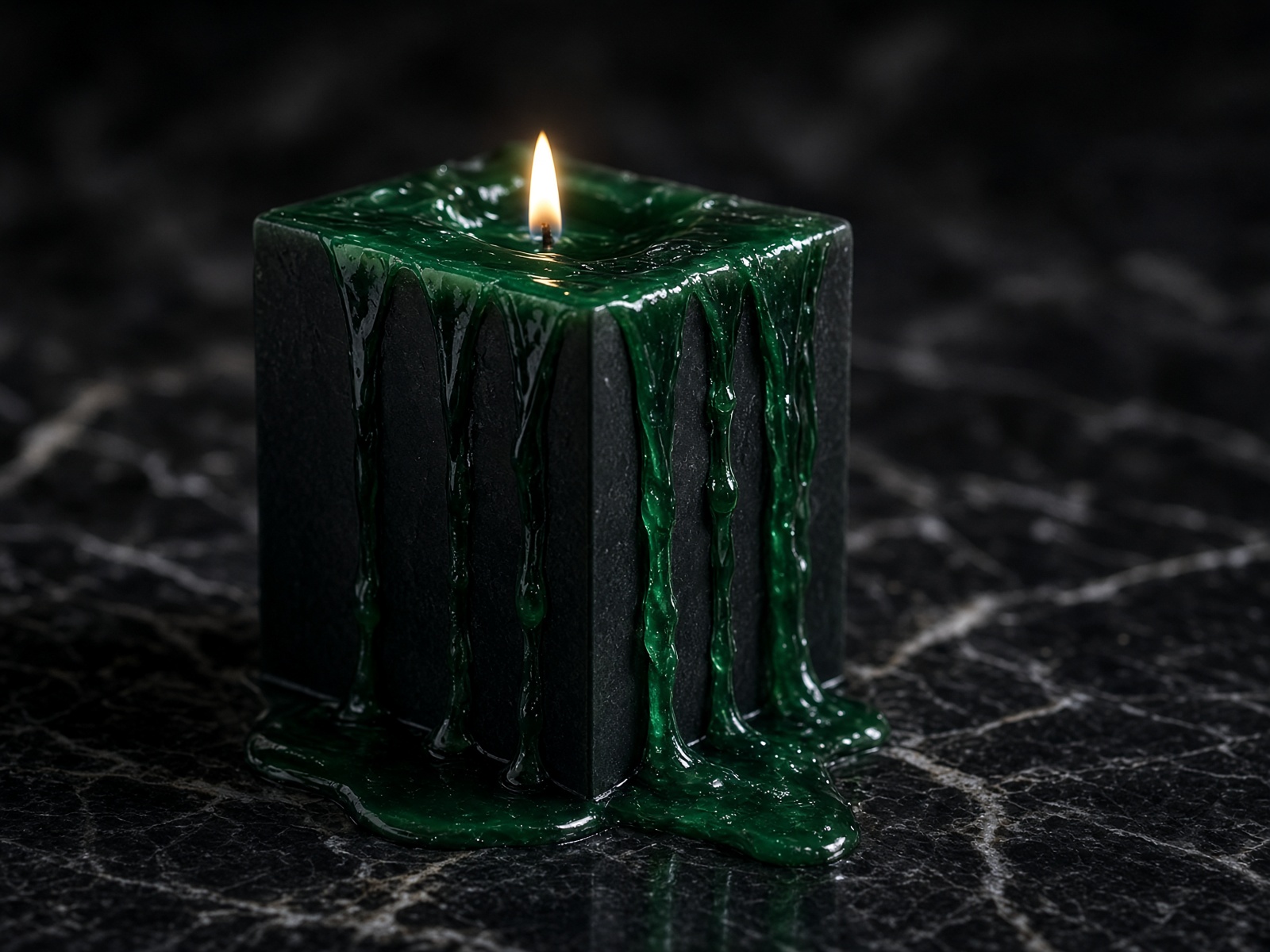 A rectangular green candle dripping wax onto black marble